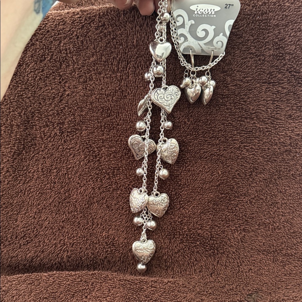 27” Silver Heart Charm Necklace and Earring Set